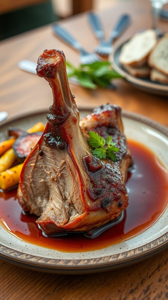 Crispy duck leg confit garnished with herbs, served with roasted vegetables on a rustic plate.